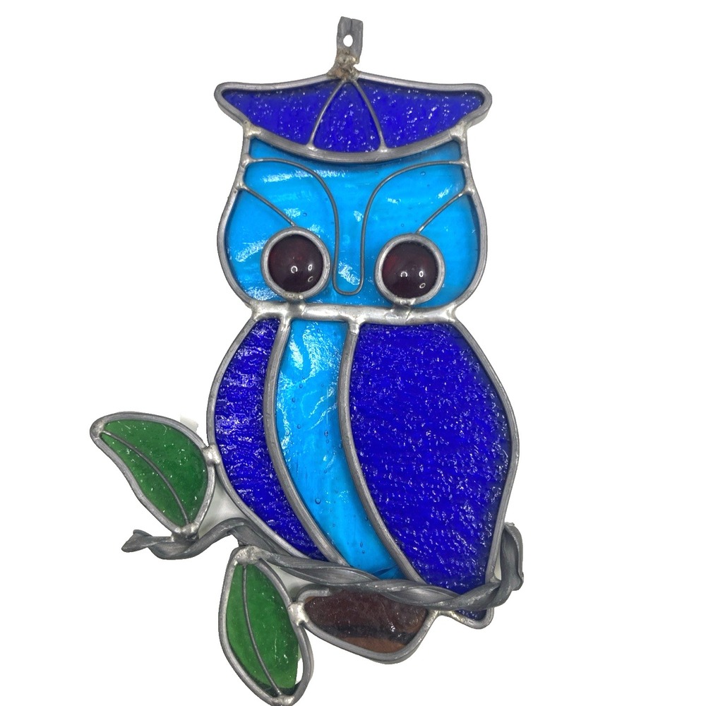 Vintage Owl Blue Stained‎ Glass Sun Catcher 7 inch